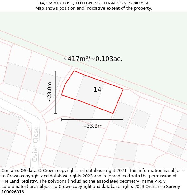 14, OVIAT CLOSE, TOTTON, SOUTHAMPTON, SO40 8EX: Plot and title map