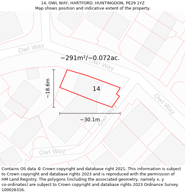 14, OWL WAY, HARTFORD, HUNTINGDON, PE29 1YZ: Plot and title map