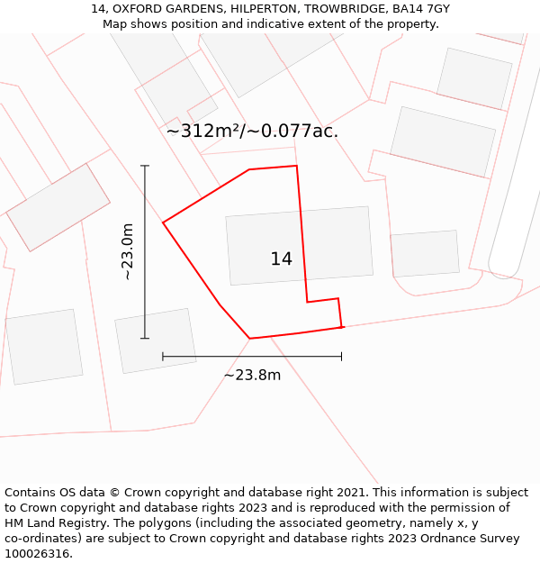 14, OXFORD GARDENS, HILPERTON, TROWBRIDGE, BA14 7GY: Plot and title map