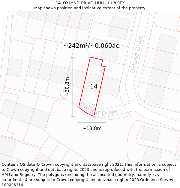 14, OXLAND DRIVE, HULL, HU8 9EX: Plot and title map