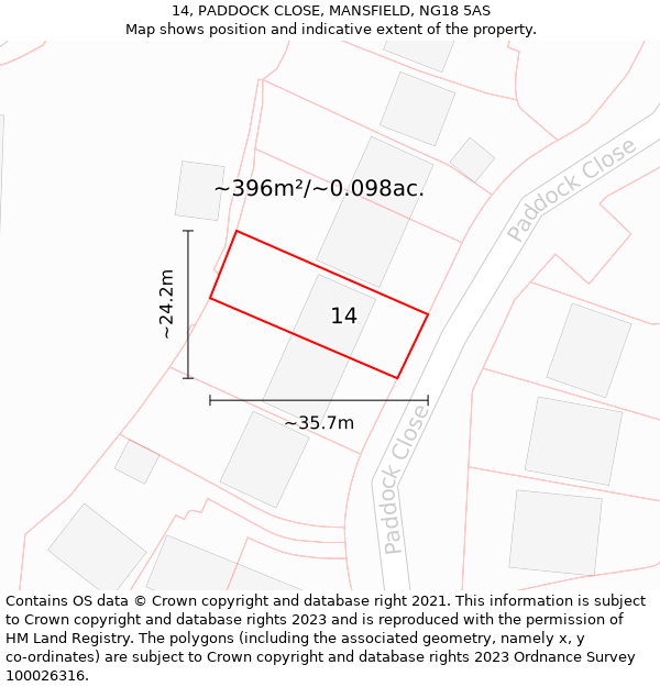 14, PADDOCK CLOSE, MANSFIELD, NG18 5AS: Plot and title map