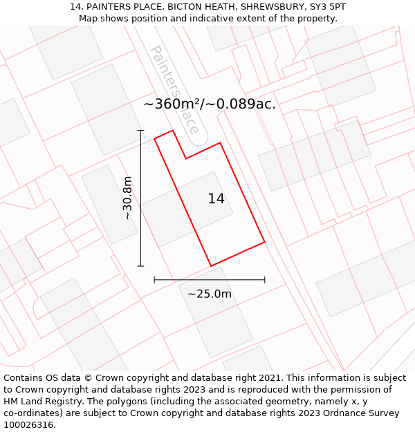 14, PAINTERS PLACE, BICTON HEATH, SHREWSBURY, SY3 5PT: Plot and title map