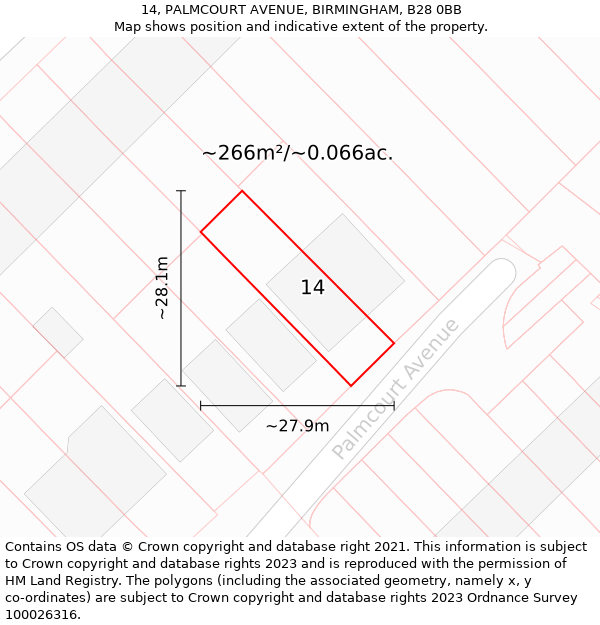 14, PALMCOURT AVENUE, BIRMINGHAM, B28 0BB: Plot and title map