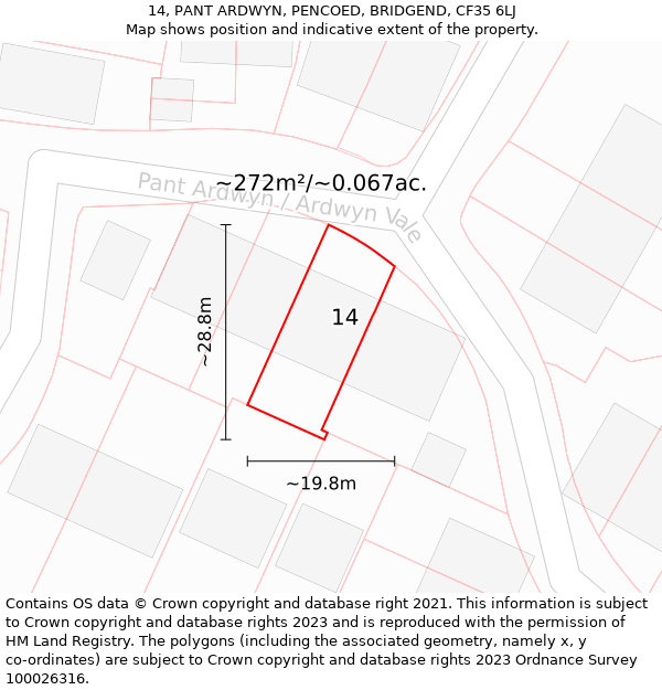 14, PANT ARDWYN, PENCOED, BRIDGEND, CF35 6LJ: Plot and title map