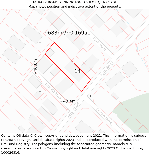 14, PARK ROAD, KENNINGTON, ASHFORD, TN24 9DL: Plot and title map