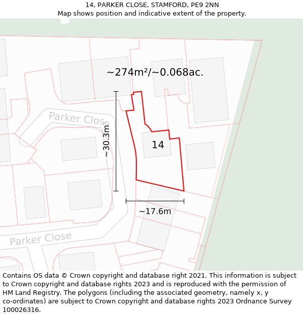 14, PARKER CLOSE, STAMFORD, PE9 2NN: Plot and title map