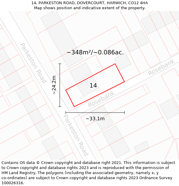 14, PARKESTON ROAD, DOVERCOURT, HARWICH, CO12 4HA: Plot and title map