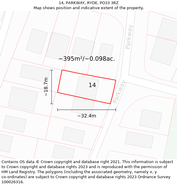 14, PARKWAY, RYDE, PO33 3RZ: Plot and title map