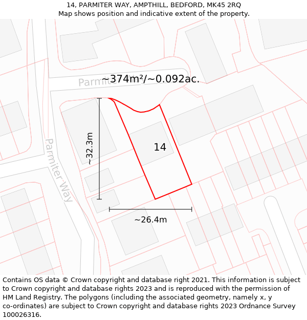 14, PARMITER WAY, AMPTHILL, BEDFORD, MK45 2RQ: Plot and title map