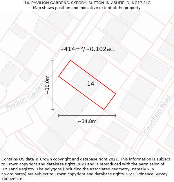 14, PAVILION GARDENS, SKEGBY, SUTTON-IN-ASHFIELD, NG17 3LG: Plot and title map