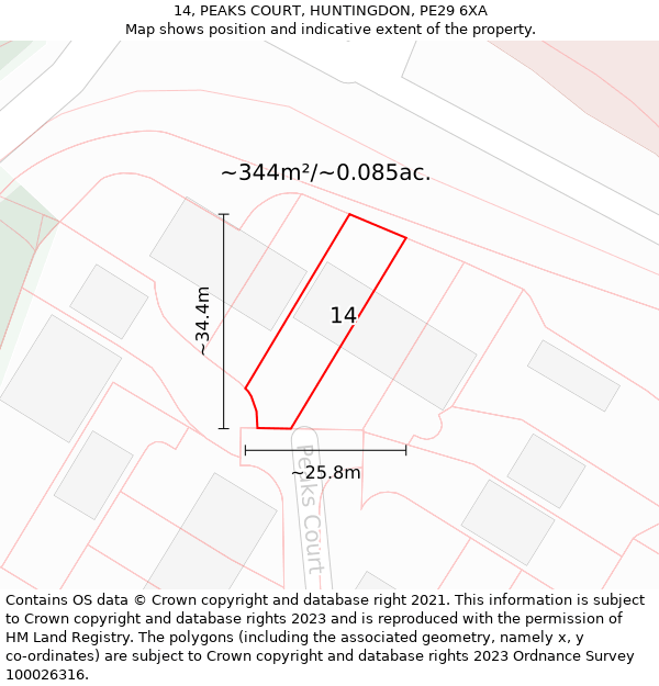 14, PEAKS COURT, HUNTINGDON, PE29 6XA: Plot and title map