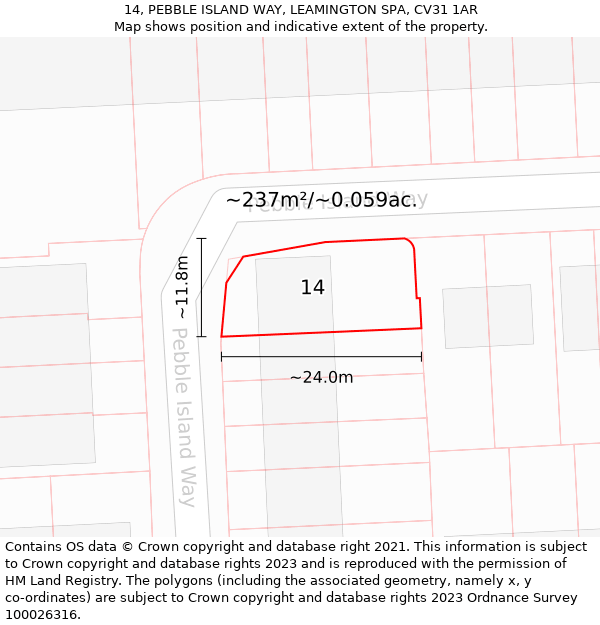 14, PEBBLE ISLAND WAY, LEAMINGTON SPA, CV31 1AR: Plot and title map