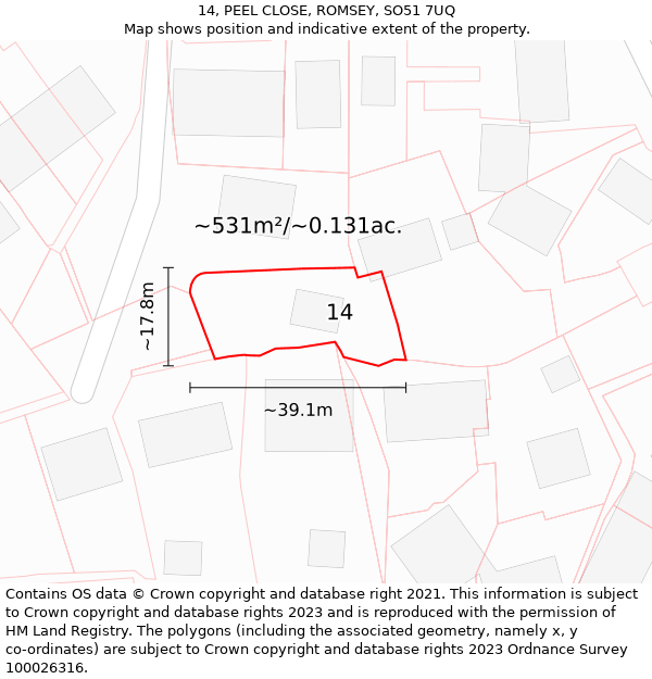 14, PEEL CLOSE, ROMSEY, SO51 7UQ: Plot and title map