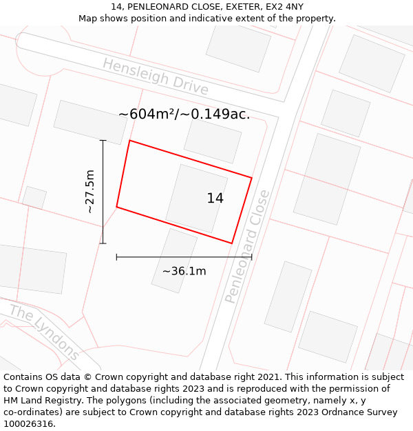 14, PENLEONARD CLOSE, EXETER, EX2 4NY: Plot and title map