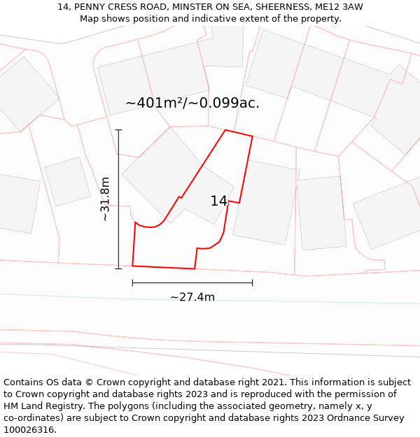 14, PENNY CRESS ROAD, MINSTER ON SEA, SHEERNESS, ME12 3AW: Plot and title map