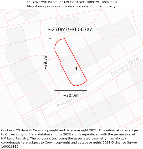 14, PENROSE DRIVE, BRADLEY STOKE, BRISTOL, BS32 8EN: Plot and title map