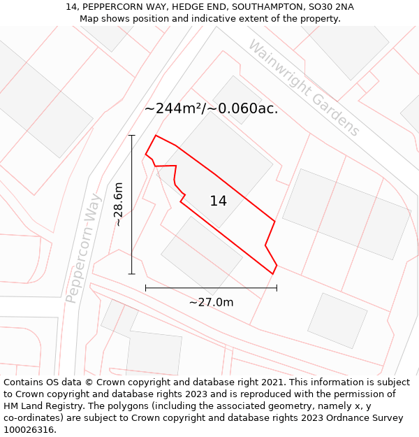 14, PEPPERCORN WAY, HEDGE END, SOUTHAMPTON, SO30 2NA: Plot and title map