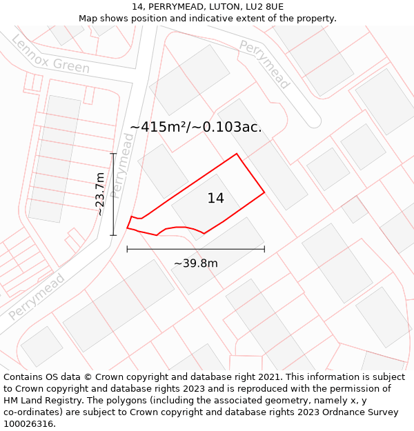 14, PERRYMEAD, LUTON, LU2 8UE: Plot and title map