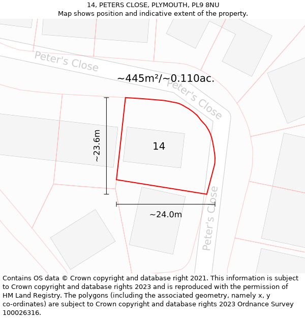 14, PETERS CLOSE, PLYMOUTH, PL9 8NU: Plot and title map