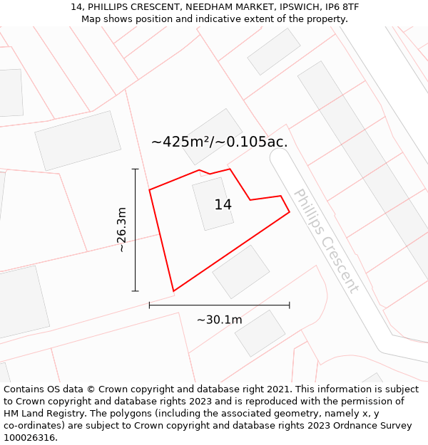 14, PHILLIPS CRESCENT, NEEDHAM MARKET, IPSWICH, IP6 8TF: Plot and title map