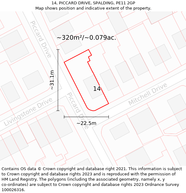 14, PICCARD DRIVE, SPALDING, PE11 2GP: Plot and title map