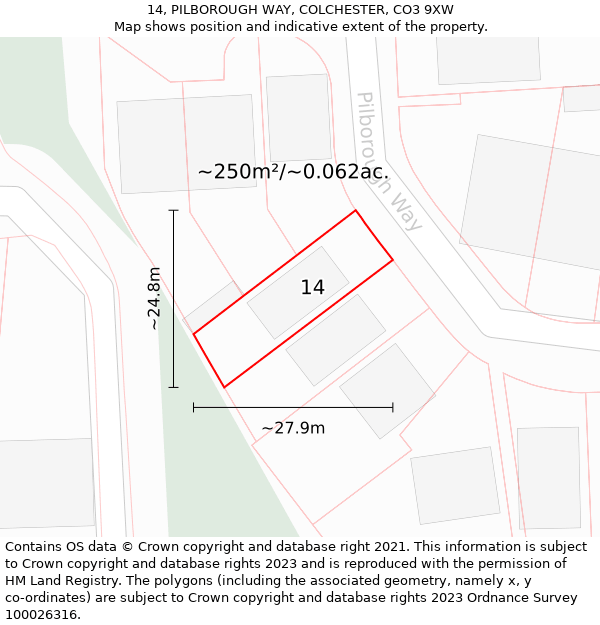 14, PILBOROUGH WAY, COLCHESTER, CO3 9XW: Plot and title map