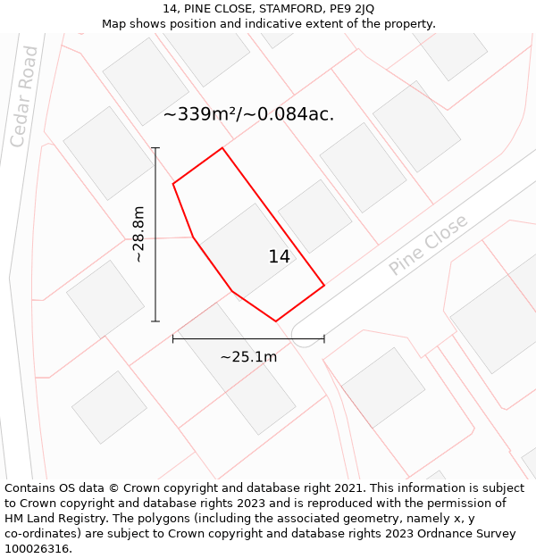 14, PINE CLOSE, STAMFORD, PE9 2JQ: Plot and title map