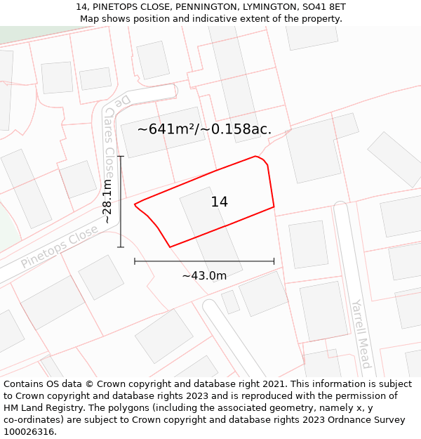 14, PINETOPS CLOSE, PENNINGTON, LYMINGTON, SO41 8ET: Plot and title map