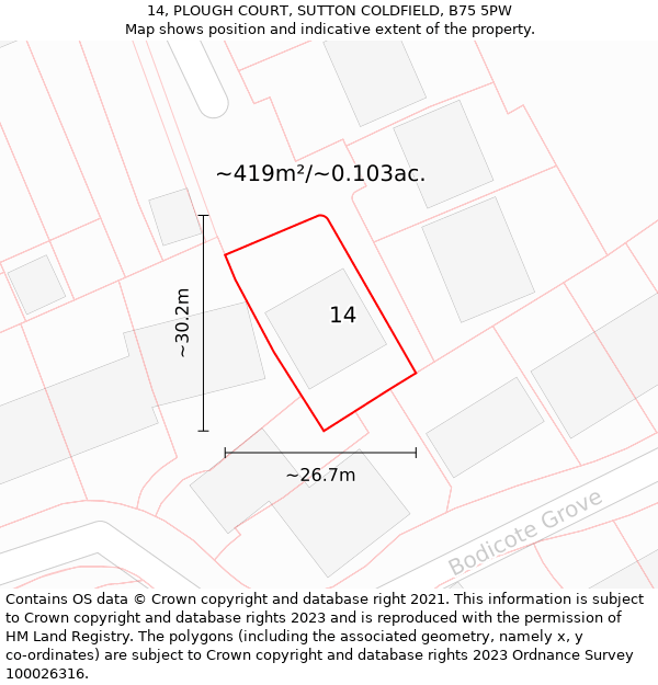 14, PLOUGH COURT, SUTTON COLDFIELD, B75 5PW: Plot and title map