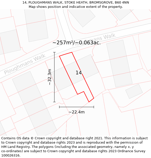 14, PLOUGHMANS WALK, STOKE HEATH, BROMSGROVE, B60 4NN: Plot and title map