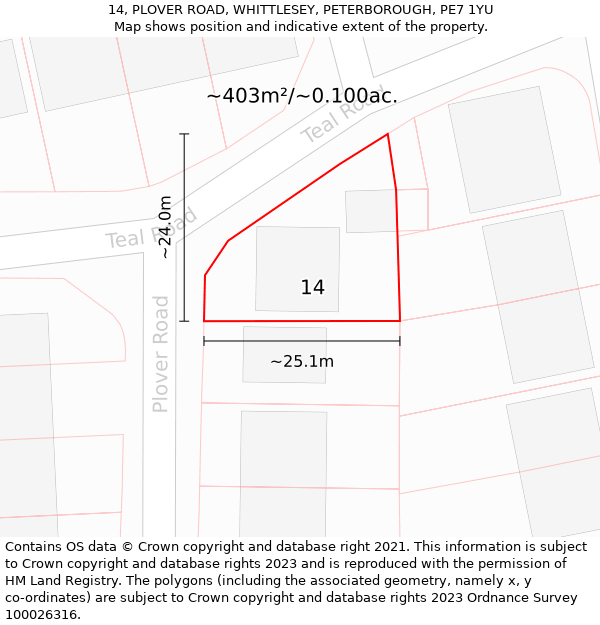 14, PLOVER ROAD, WHITTLESEY, PETERBOROUGH, PE7 1YU: Plot and title map