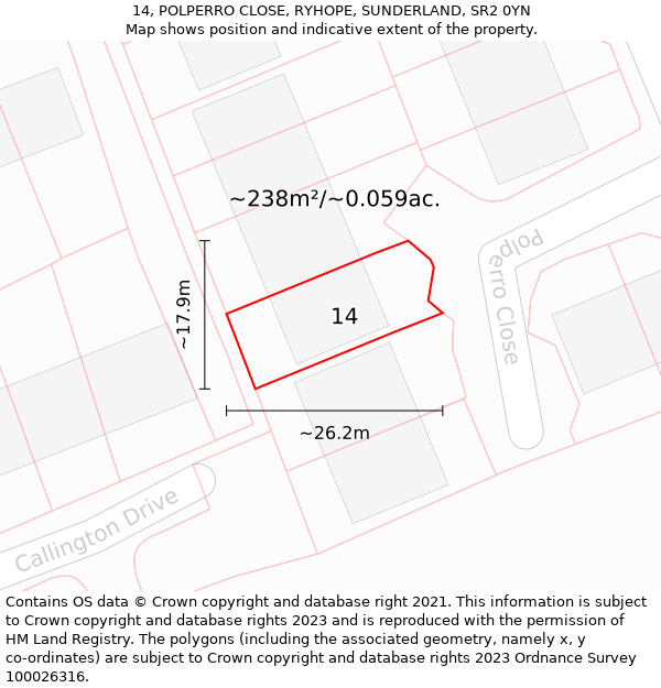 14, POLPERRO CLOSE, RYHOPE, SUNDERLAND, SR2 0YN: Plot and title map