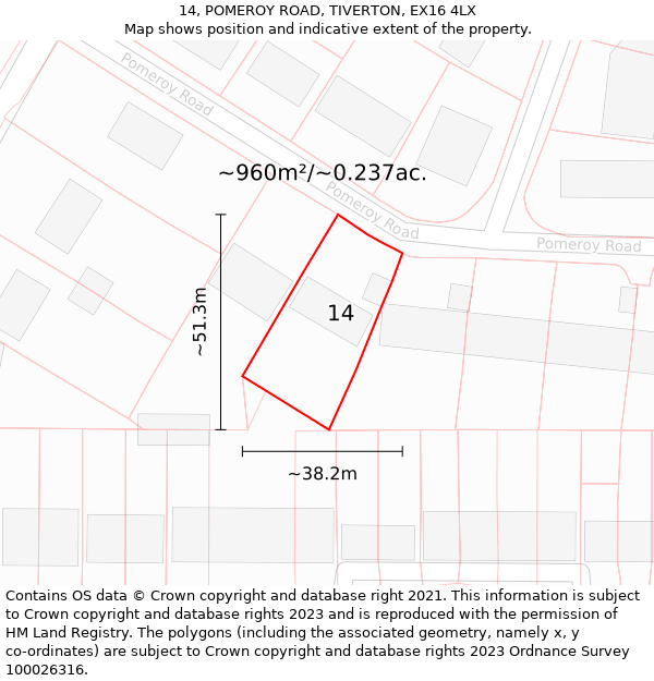 14, POMEROY ROAD, TIVERTON, EX16 4LX: Plot and title map