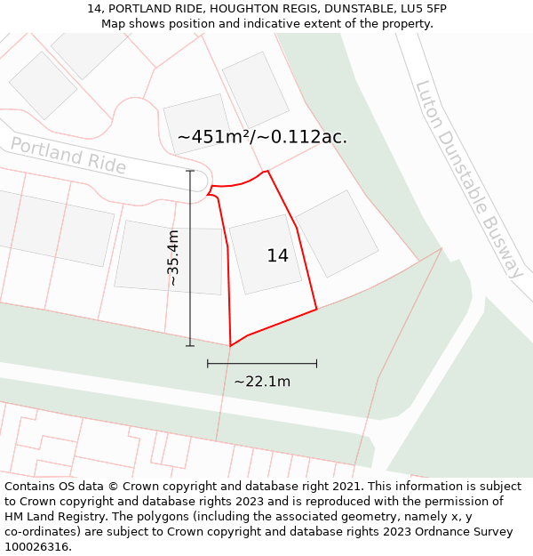 14, PORTLAND RIDE, HOUGHTON REGIS, DUNSTABLE, LU5 5FP: Plot and title map