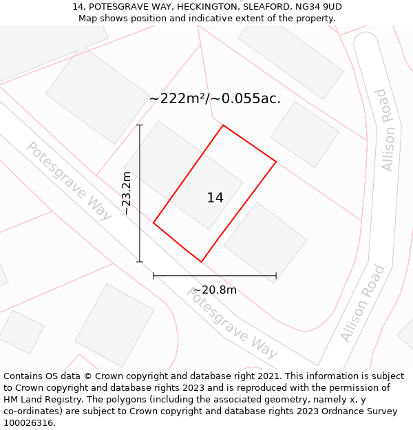 14, POTESGRAVE WAY, HECKINGTON, SLEAFORD, NG34 9UD: Plot and title map