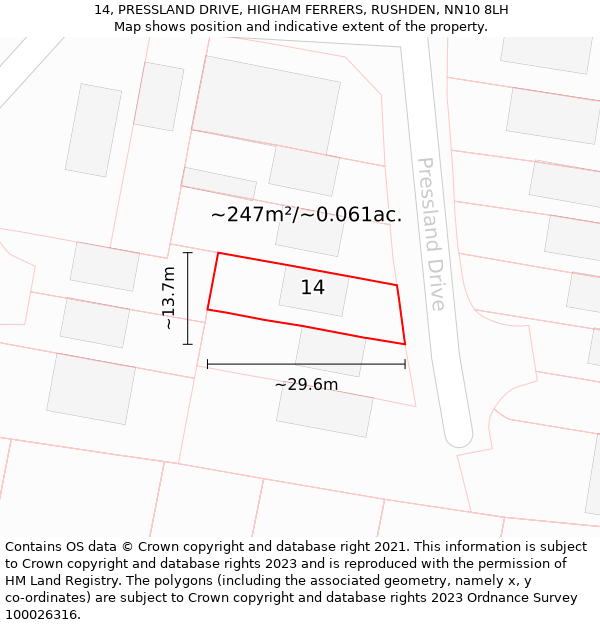 14, PRESSLAND DRIVE, HIGHAM FERRERS, RUSHDEN, NN10 8LH: Plot and title map