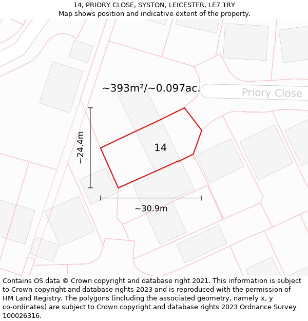 14, PRIORY CLOSE, SYSTON, LEICESTER, LE7 1RY: Plot and title map