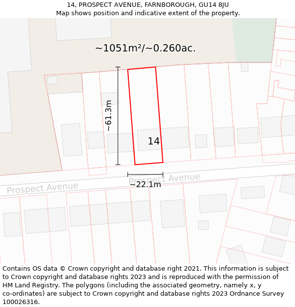 14, PROSPECT AVENUE, FARNBOROUGH, GU14 8JU: Plot and title map