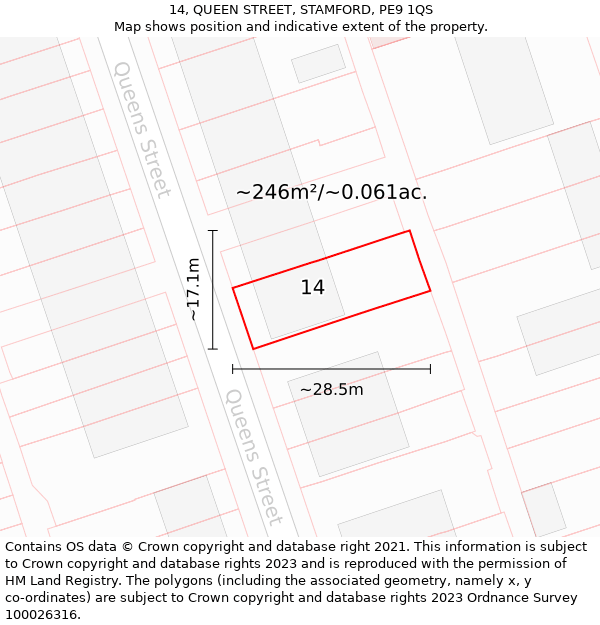 14, QUEEN STREET, STAMFORD, PE9 1QS: Plot and title map