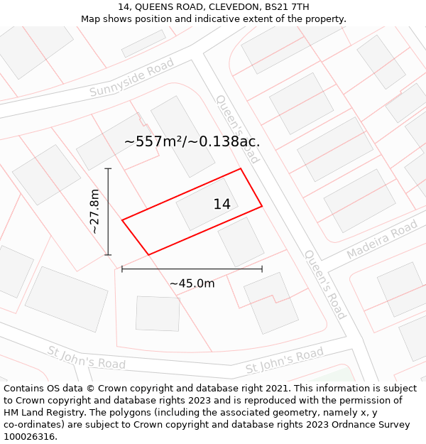 14, QUEENS ROAD, CLEVEDON, BS21 7TH: Plot and title map