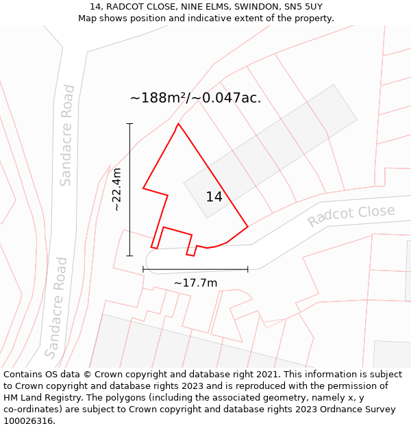 14, RADCOT CLOSE, NINE ELMS, SWINDON, SN5 5UY: Plot and title map