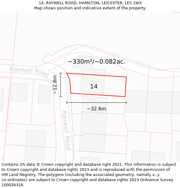 14, RAYWELL ROAD, HAMILTON, LEICESTER, LE5 1WX: Plot and title map