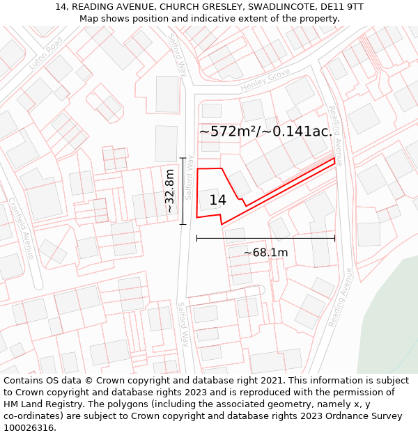 14, READING AVENUE, CHURCH GRESLEY, SWADLINCOTE, DE11 9TT: Plot and title map