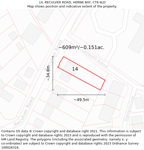 14, RECULVER ROAD, HERNE BAY, CT6 6LD: Plot and title map