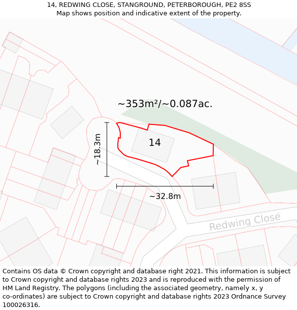 14, REDWING CLOSE, STANGROUND, PETERBOROUGH, PE2 8SS: Plot and title map