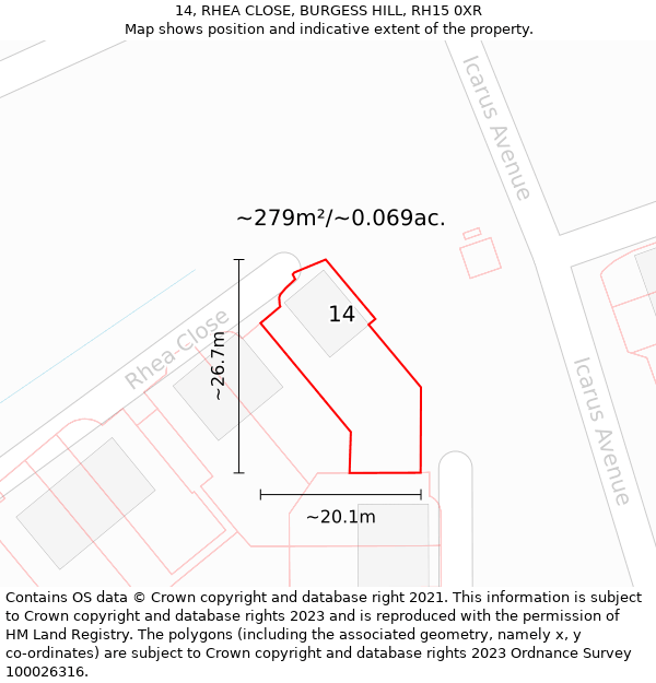 14, RHEA CLOSE, BURGESS HILL, RH15 0XR: Plot and title map