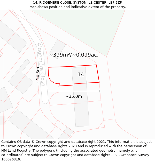 14, RIDGEMERE CLOSE, SYSTON, LEICESTER, LE7 2ZR: Plot and title map