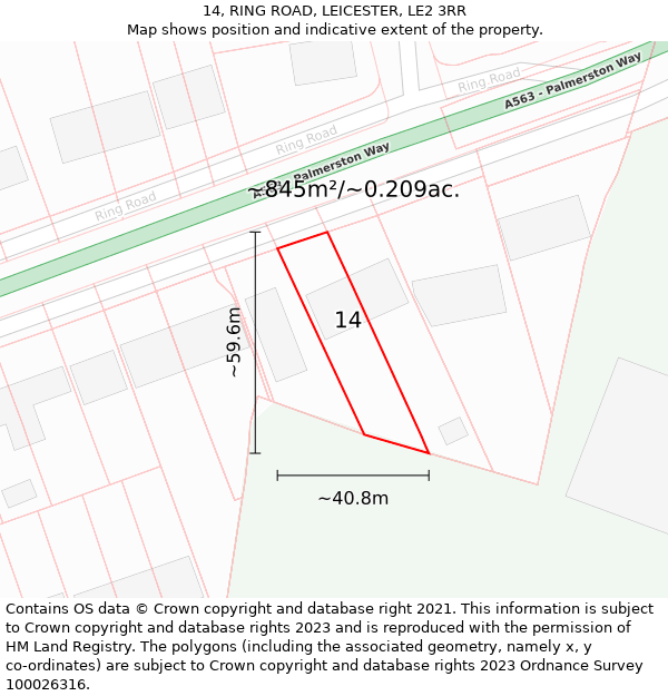 14, RING ROAD, LEICESTER, LE2 3RR: Plot and title map