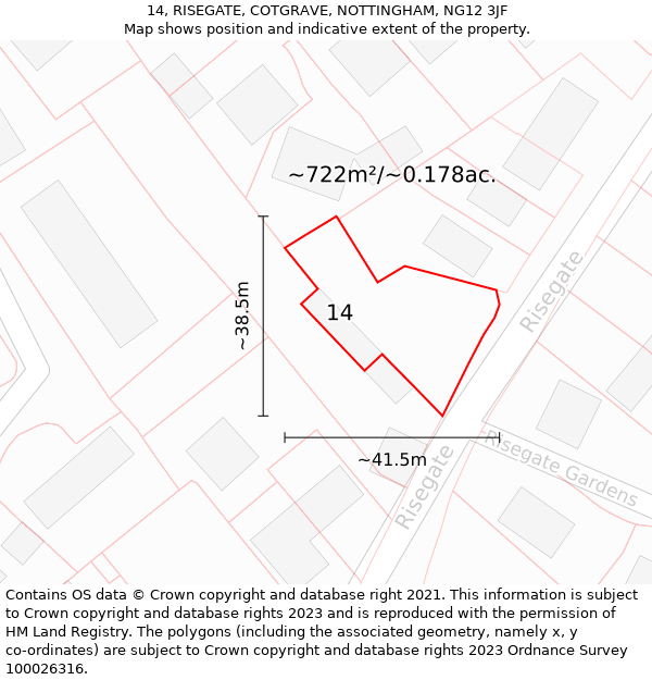 14, RISEGATE, COTGRAVE, NOTTINGHAM, NG12 3JF: Plot and title map