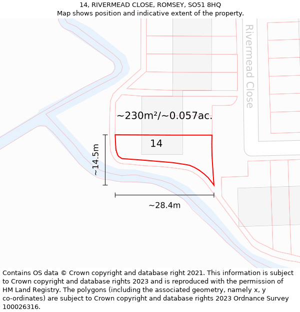 14, RIVERMEAD CLOSE, ROMSEY, SO51 8HQ: Plot and title map